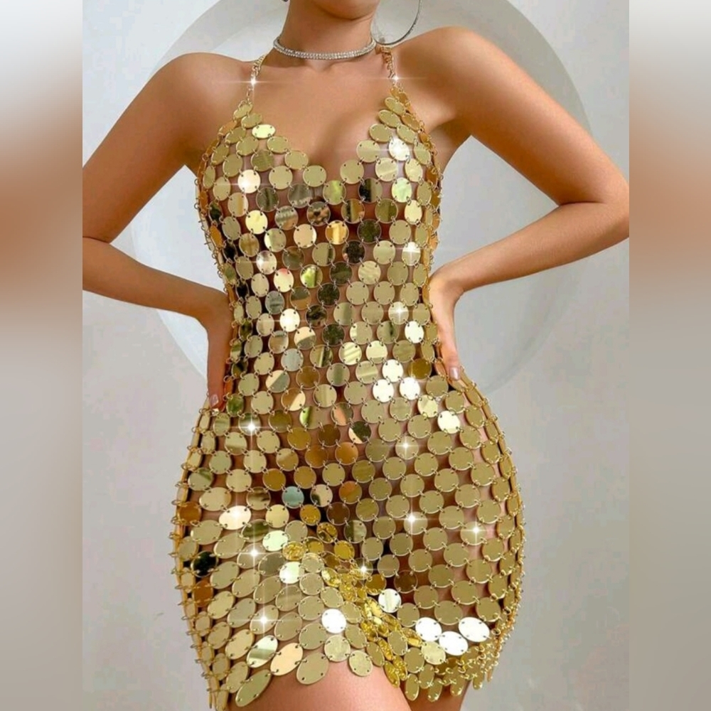 Gold plastic sequin dress L